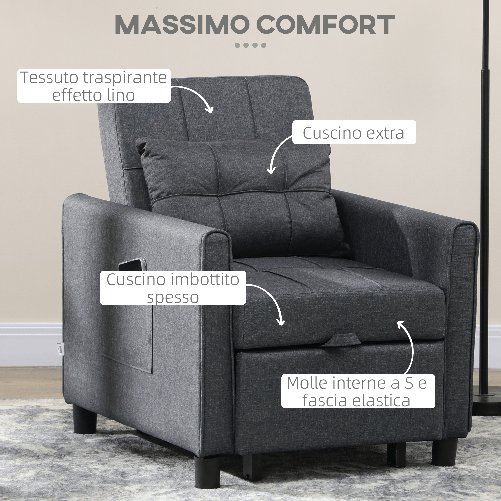 HOMCOM-Poltrona-Letto-Singolo-Reclinabile-su-3-Livelli-con-Cuscino-Extra-69x82x85cm-Grigio