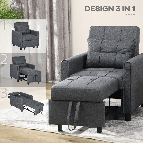 HOMCOM-Poltrona-Letto-Singolo-Reclinabile-su-3-Livelli-con-Cuscino-Extra-69x82x85cm-Grigio
