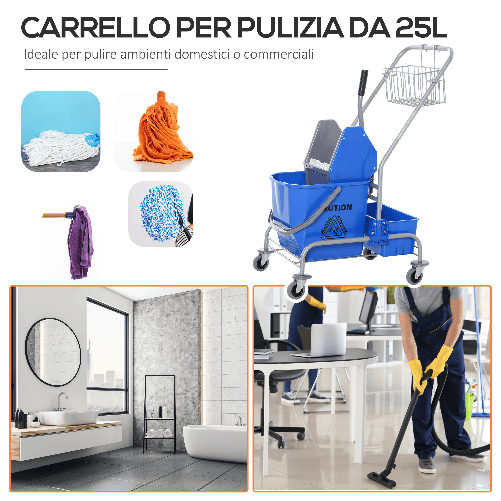 HOMCOM-Carrello-delle-Pulizie-Professionale-con-Secchio-25L-e-Strizzatore-Blu