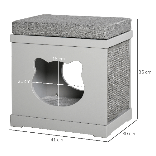 PawHut-Cuccia-per-Gatti-in-Legno-con-2-Cuscini-e-Tiragraffi-Rimovibili-Grigio