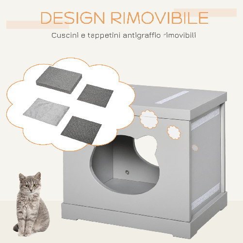 PawHut-Cuccia-per-Gatti-in-Legno-con-2-Cuscini-e-Tiragraffi-Rimovibili-Grigio