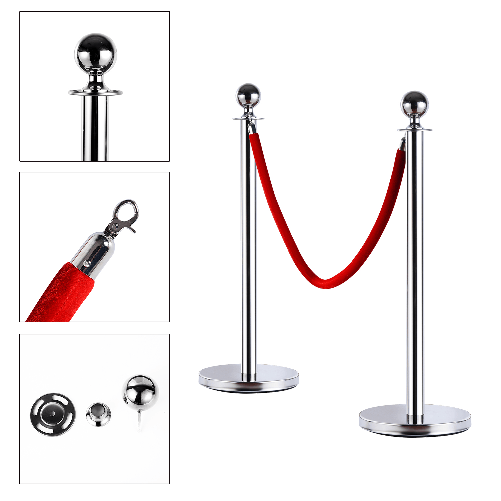 HOMCOM-Transenne-Elimina-Separacode-Paletti-di-Delimitazione-con-Corde-Rosso-Acciaio-Inox-Ф32-x-95CM