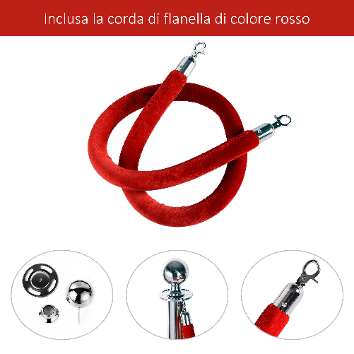 HOMCOM-Transenne-Elimina-Separacode-Paletti-di-Delimitazione-con-Corde-Rosso-Acciaio-Inox-Ф32-x-95CM