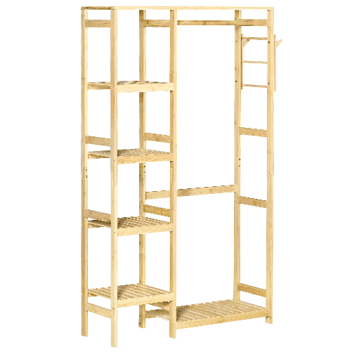 HOMCOM-Appendiabiti-da-Terra-in-Legno-di-Bambu-Attaccapanni-con-Mensole-Laterali-per-Ingresso-e-Camera-da-Letto-90x30x155cm