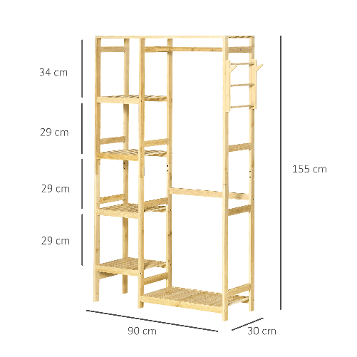 HOMCOM-Appendiabiti-da-Terra-in-Legno-di-Bambu-Attaccapanni-con-Mensole-Laterali-per-Ingresso-e-Camera-da-Letto-90x30x155cm