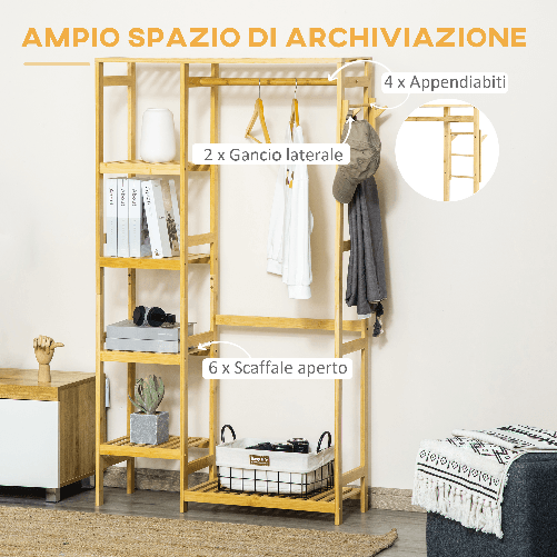 HOMCOM-Appendiabiti-da-Terra-in-Legno-di-Bambu-Attaccapanni-con-Mensole-Laterali-per-Ingresso-e-Camera-da-Letto-90x30x155cm