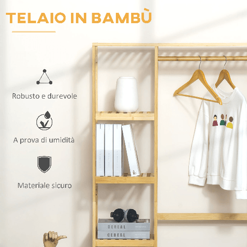 HOMCOM-Appendiabiti-da-Terra-in-Legno-di-Bambu-Attaccapanni-con-Mensole-Laterali-per-Ingresso-e-Camera-da-Letto-90x30x155cm
