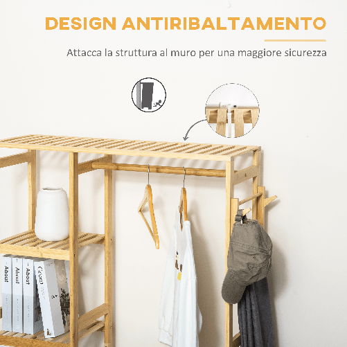 HOMCOM-Appendiabiti-da-Terra-in-Legno-di-Bambu-Attaccapanni-con-Mensole-Laterali-per-Ingresso-e-Camera-da-Letto-90x30x155cm