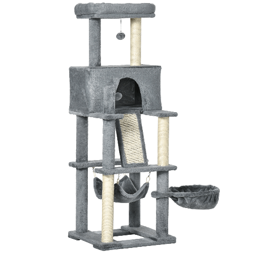 PawHut-Albero-Tiragraffi-per-Gatti-con-Pali-in-Sisal-Casetta-Lettino-e-Amache-48x48x140cm-Grigio