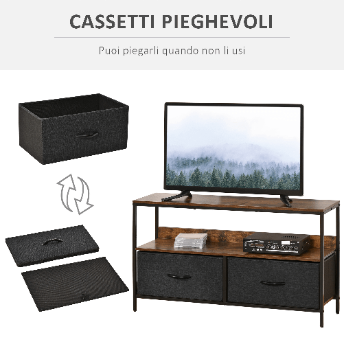 HOMCOM-Mobile-TV-Stile-Industriale-con-Cassetti-Pieghevoli-in-Tessuto-e-Mensola-Mobiletto-TV-in-Metallo-e-MDF-98x29x56cm-Marrone-e-Nero