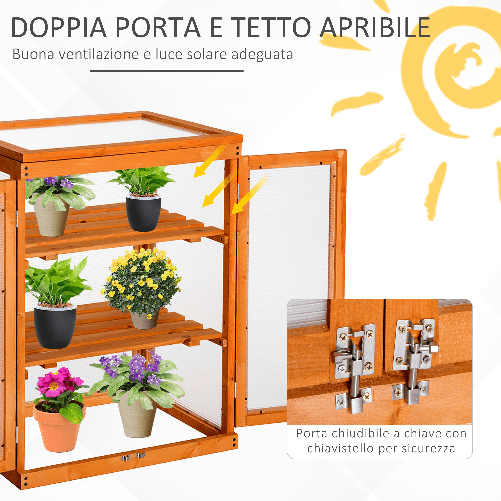 Outsunny-Mini-Serra-da-Giardino-a-3-Ripiani-in-Legno-e-Policarbonato-58x44x78cm-Arancione