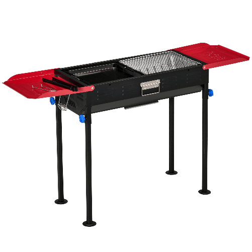 Outsunny-Barbecue-a-Carbonella-Portatile-ad-Altezza-regolabile-con-Griglia-e-Teglia-120x31x60-70-cm-Nero-e-Rosso