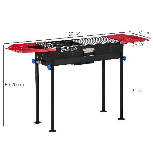 Outsunny-Barbecue-a-Carbonella-Portatile-ad-Altezza-regolabile-con-Griglia-e-Teglia-120x31x60-70-cm-Nero-e-Rosso