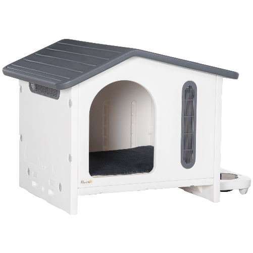 PawHut-Casetta-per-Cani-Rialzata-con-Vassoio-per-2-Ciotole-Finestre-e-Cuscino-in-Gommapiuma-70x64x56-cm