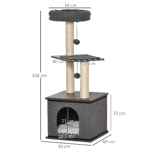 PawHut-Albero-Tiragraffi-per-Gatti-con-Casetta-Lettino-e-Pali-in-Sisal-40x40x104cm-Grigio