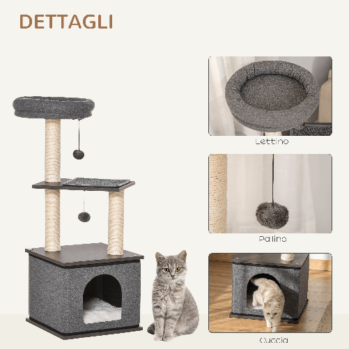 PawHut-Albero-Tiragraffi-per-Gatti-con-Casetta-Lettino-e-Pali-in-Sisal-40x40x104cm-Grigio