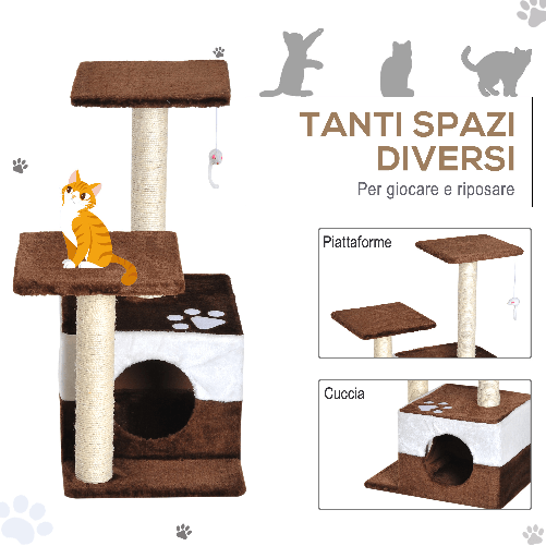 PawHut-Albero-per-Gatti-con-Topolino-Appeso-in-Peluche-Marrone-45x33x70cm