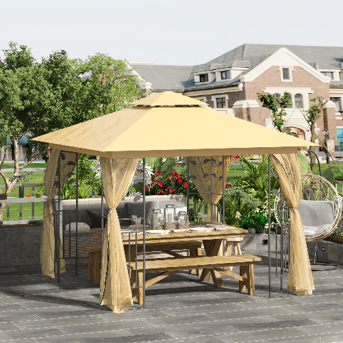 Outsunny-Gazebo-da-Giardino-3x3m-con-Zanzariera-Telaio-in-Acciaio-e-Doppio-Tettuccio-Beige