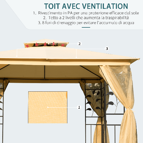 Outsunny-Gazebo-da-Giardino-3x3m-con-Zanzariera-Telaio-in-Acciaio-e-Doppio-Tettuccio-Beige