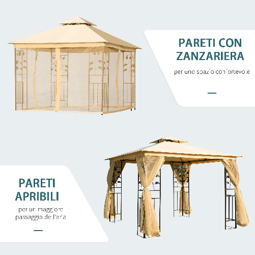 Outsunny-Gazebo-da-Giardino-3x3m-con-Zanzariera-Telaio-in-Acciaio-e-Doppio-Tettuccio-Beige