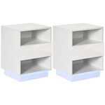 HOMCOM Comodini Moderni con LED, Set 2 Pezzi in Truciolato Bianco con Cassetto e 2 Ripiani Aperti, 40x40x55 cm