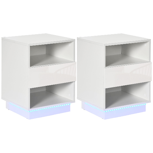 HOMCOM-Comodini-Moderni-con-LED-Set-2-Pezzi-in-Truciolato-Bianco-con-Cassetto-e-2-Ripiani-Aperti-40x40x55-cm