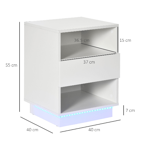 HOMCOM-Comodini-Moderni-con-LED-Set-2-Pezzi-in-Truciolato-Bianco-con-Cassetto-e-2-Ripiani-Aperti-40x40x55-cm