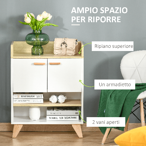 HOMCOM-Mobiletto-Multiuso-con-Armadietto-e-Ripiani-Aperti-Mobile-da-Soggiorno-Cucina-Ufficio-in-Legno-Bianco-60x30x78cm