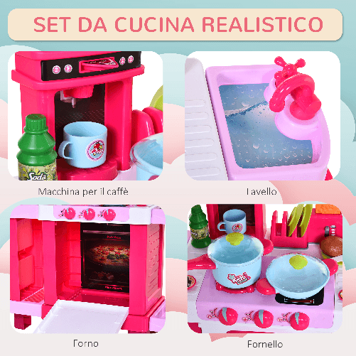 HOMCOM-Cucina-Giocattolo-per-Bambini-con-38-Accessori-Inclusi-Gioco-con-Luci-e-Suoni-Realistici-78x29x87cm-Rosa