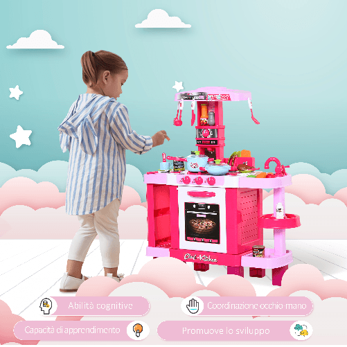 HOMCOM-Cucina-Giocattolo-per-Bambini-con-38-Accessori-Inclusi-Gioco-con-Luci-e-Suoni-Realistici-78x29x87cm-Rosa