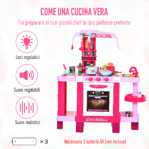 HOMCOM-Cucina-Giocattolo-per-Bambini-con-38-Accessori-Inclusi-Gioco-con-Luci-e-Suoni-Realistici-78x29x87cm-Rosa