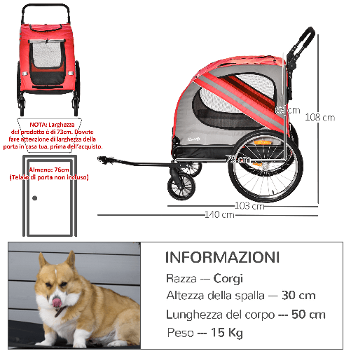 PawHut-Rimorchio-Cani-con-Ingresso-a-Cerniera-Ruote-e-Bandiera-in-Acciaio-e-tessuto-Oxford-Rosso-Argento-Nero