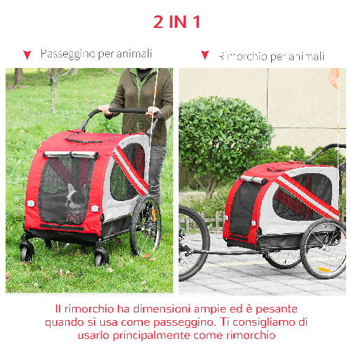 PawHut-Rimorchio-Cani-con-Ingresso-a-Cerniera-Ruote-e-Bandiera-in-Acciaio-e-tessuto-Oxford-Rosso-Argento-Nero