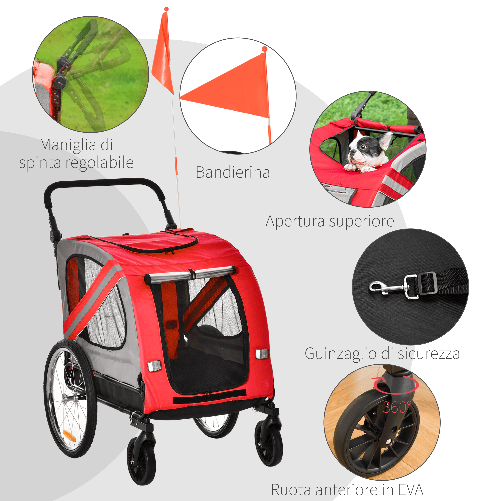 PawHut-Rimorchio-Cani-con-Ingresso-a-Cerniera-Ruote-e-Bandiera-in-Acciaio-e-tessuto-Oxford-Rosso-Argento-Nero
