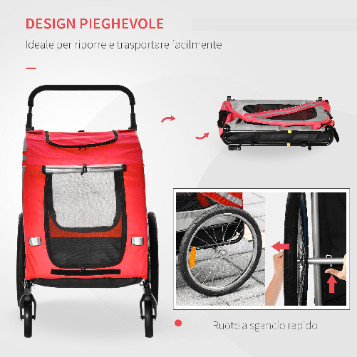 PawHut-Rimorchio-Cani-con-Ingresso-a-Cerniera-Ruote-e-Bandiera-in-Acciaio-e-tessuto-Oxford-Rosso-Argento-Nero