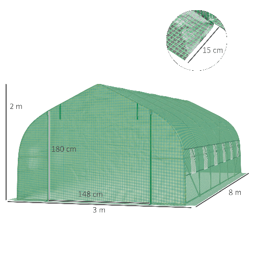 Outsunny-Serra-da-Giardino-a-Tunnel-8x3x2m-in-PE-e-Acciaio-con-Porta-Avvolgibile-e-Finestre-Verde