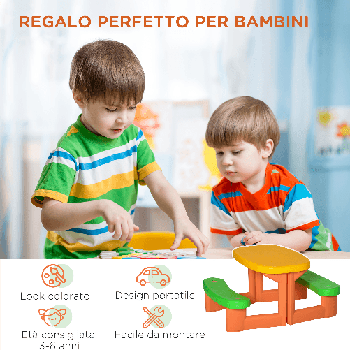 Outsunny-Tavolo-da-Picnic-per-2-Bambini-di-3-6-Anni-con-2-Panche-per-Esterno-e-Interno-Multicolore