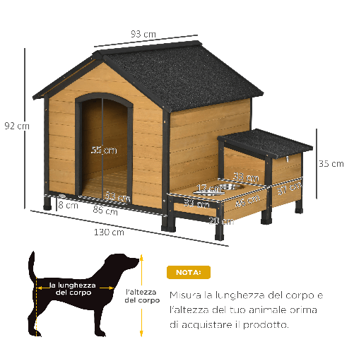 PawHut-Cuccia-per-Cani-Taglia-Media-con-2-Porta-Ciotole-Box-Esterno-e-Tetto-in-Bitume-130x93x92cm