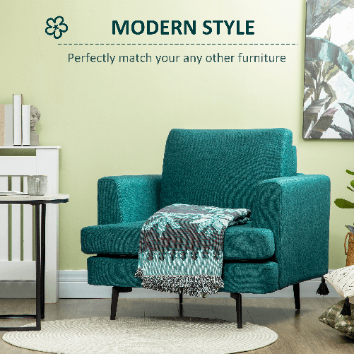 HOMCOM-Poltrona-Moderna-da-Soggiorno-con-Seduta-Imbottita-Gambe-in-Acciaio-e-Tessuto-Traspirante-96x87x87-cm-Verde