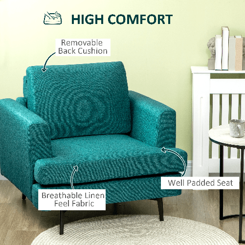 HOMCOM-Poltrona-Moderna-da-Soggiorno-con-Seduta-Imbottita-Gambe-in-Acciaio-e-Tessuto-Traspirante-96x87x87-cm-Verde