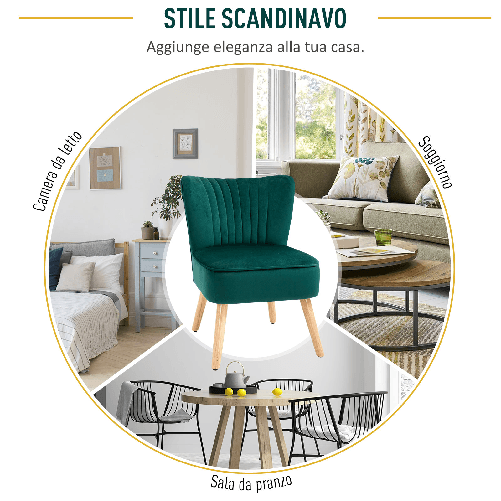 HOMCOM-Poltroncina-Stile-Nordico-dal-Design-Ergonomico-in-Legno-e-Velluto-Verde