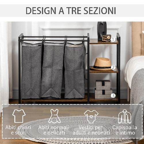 HOMCOM-Mobile-Portabiancheria-in-Stile-Industriale-con-3-Sacchi-in-Tessuto-e-3-Ripiani-106x40x75cm