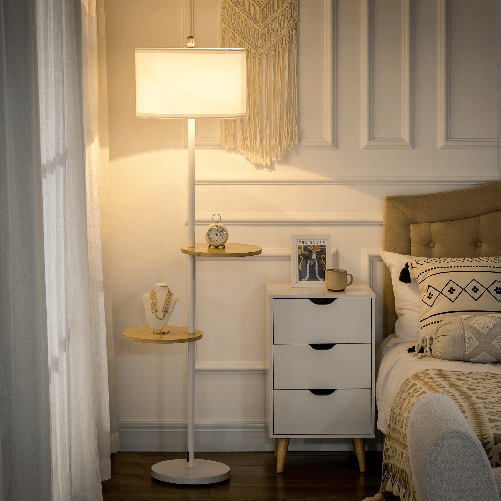 HOMCOM-Lampada-da-Terra-a-Piantana-con-2-Mensole-e-Paralume-in-Tessuto-Ø40x163cm-Bianco