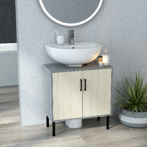 kleankin-Mobile-Bagno-sottolavabo-con-Doppia-anta-e-ripiano-in-Truciolato-60x30x60cm-Grigio-e-color-Quercia