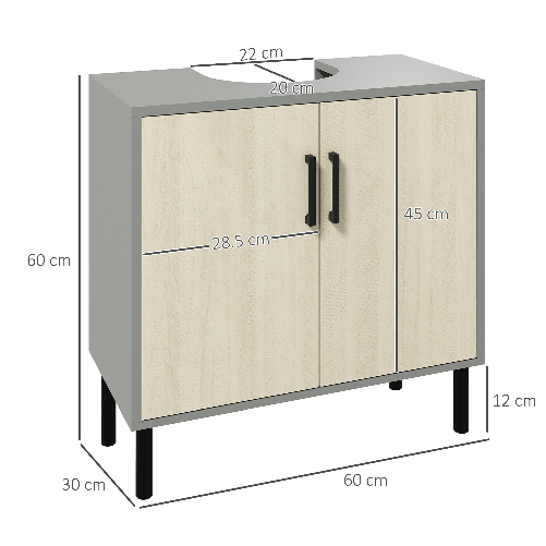 kleankin-Mobile-Bagno-sottolavabo-con-Doppia-anta-e-ripiano-in-Truciolato-60x30x60cm-Grigio-e-color-Quercia