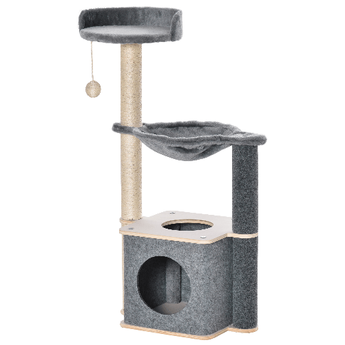 PawHut-Albero-Tiragraffi-Multilivello-per-Gatti-Adulti-Palestra-per-Gatti-con-Casetta-Amaca-Cuccia-e-Corde-in-Sisal-48x34x95cm-Grigio