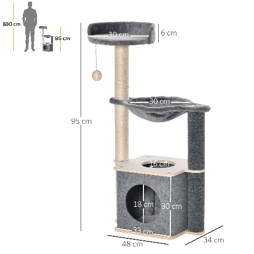 PawHut-Albero-Tiragraffi-Multilivello-per-Gatti-Adulti-Palestra-per-Gatti-con-Casetta-Amaca-Cuccia-e-Corde-in-Sisal-48x34x95cm-Grigio