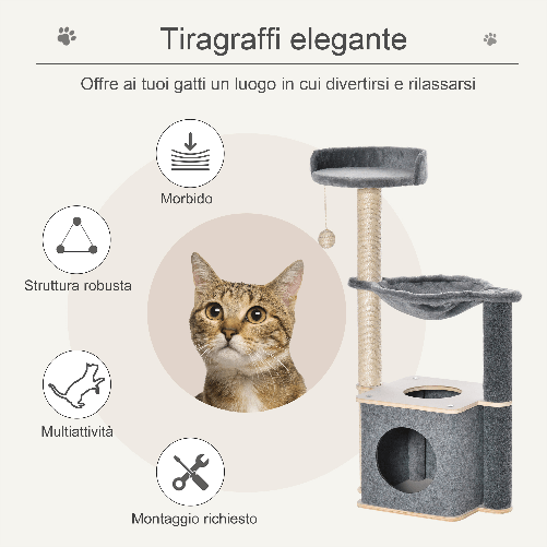 PawHut-Albero-Tiragraffi-Multilivello-per-Gatti-Adulti-Palestra-per-Gatti-con-Casetta-Amaca-Cuccia-e-Corde-in-Sisal-48x34x95cm-Grigio