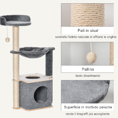 PawHut-Albero-Tiragraffi-Multilivello-per-Gatti-Adulti-Palestra-per-Gatti-con-Casetta-Amaca-Cuccia-e-Corde-in-Sisal-48x34x95cm-Grigio