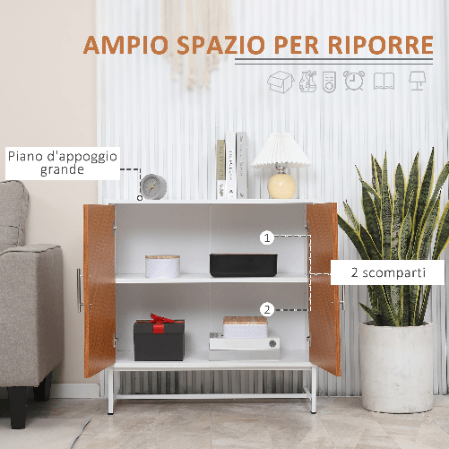 HOMCOM-Mobiletto-Basso-in-Truciolato-e-Metallo-a-2-Ante-con-Ripiano-Regolabile-a-2-Livelli-80x39x80-cm-Bianco-e-Marrone